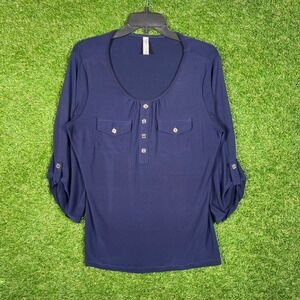 PerSeption Concept Navy Blue 3/4 Roll Tab Sleeve Button Front Blouse XL